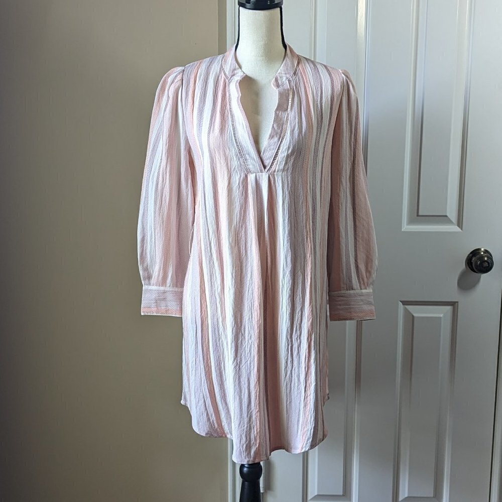 Sweet Wanderer Medium peach striped V-neck long sleeve shirt dress NWT